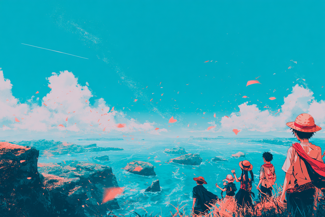 Anime-style pirate crew looking over an ocean map, inspired by the world of One Piece