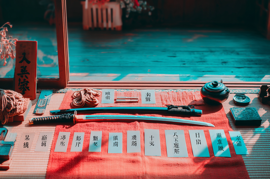 Katana parts labeled in Japanese and English on wooden surface
