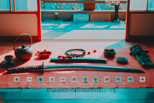 Disassembled katana with labeled parts on wooden mat