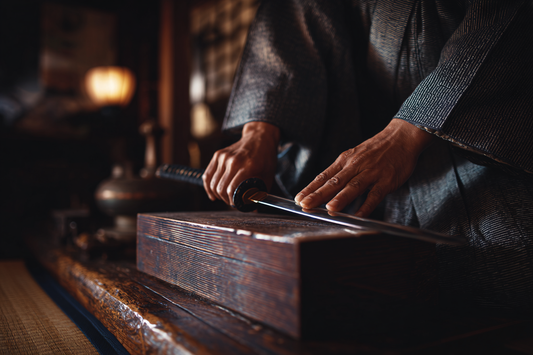 Samurai hands placing a katana scabbard into a wooden storage box inside a traditional Japanese room, representing proper sword storage techniques.