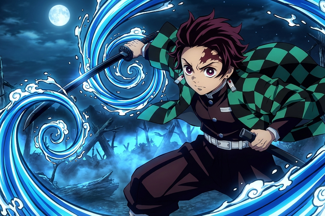 Tanjiro Kamado wielding black Nichirin blade with Water Breathing effect - Demon Slayer
