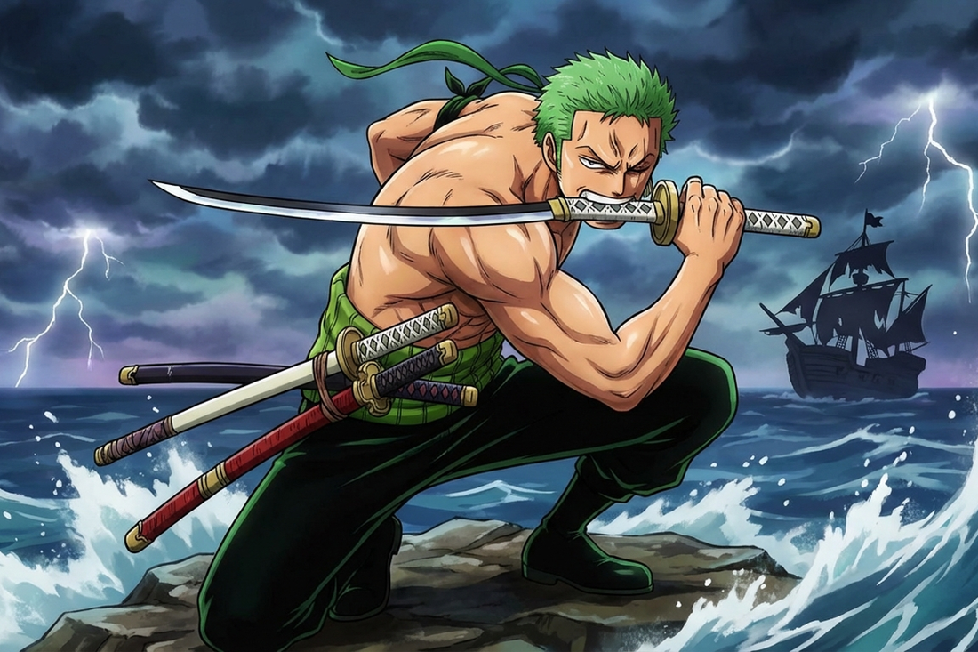 Roronoa Zoro with his three legendary swords in battle stance - One Piece Santoryu Master