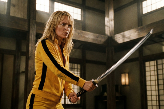 The Bride in yellow tracksuit holding Hattori Hanzo katana - Kill Bill legendary sword
