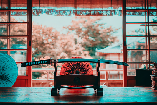 Beautifully crafted katana on a wooden display stand with traditional Japanese background