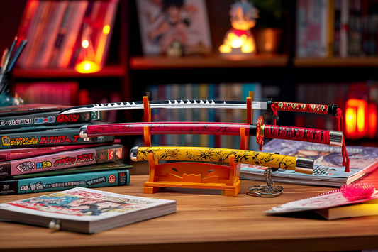 Anime-inspired 22 cm mini katanas with engraved details on stands, displayed on wooden desk with manga books and LED lights
