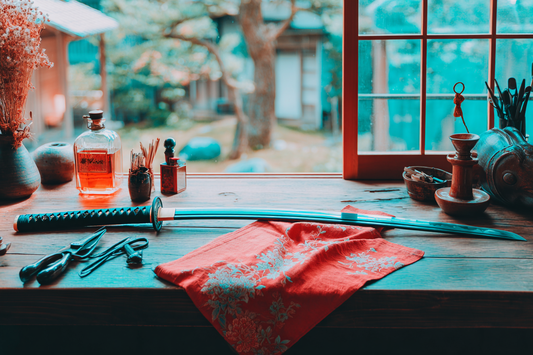 Katana cleaning setup with oil and cloth
