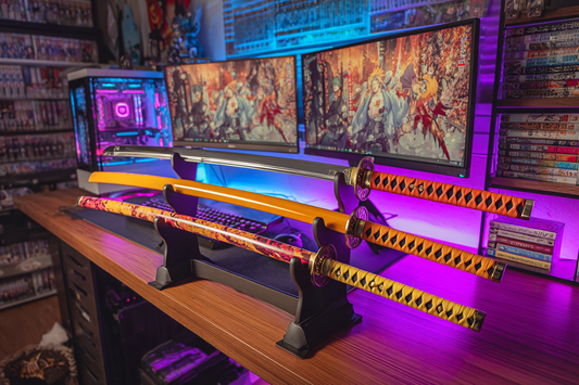 Anime katana replicas on stands: Rengoku’s flame sword, Ichigo’s Bankai, Zoro’s Enma, and Tanjiro’s black blade – photorealistic