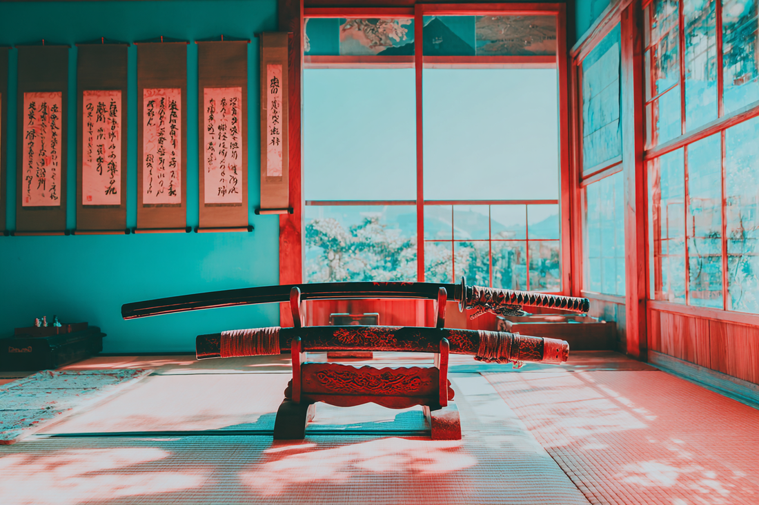 A traditional Japanese katana displayed on a wooden stand in a tatami room