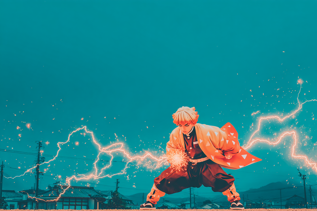 Zenitsu Agatsuma performing Thunderclap and Flash surrounded by lightning in an anime battle scene