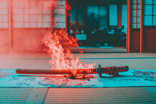 Anime katana glowing on tatami mat with dramatic lighting