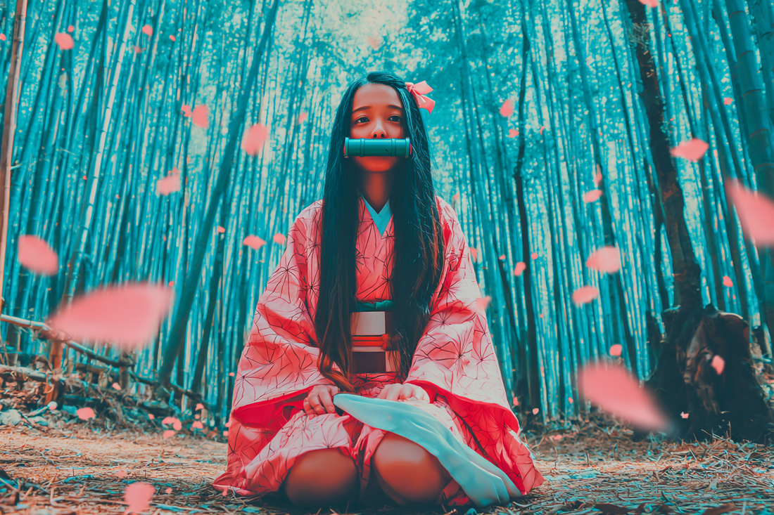 Nezuko Kamado sitting in a misty bamboo forest with glowing pink eyes and sakura petals  