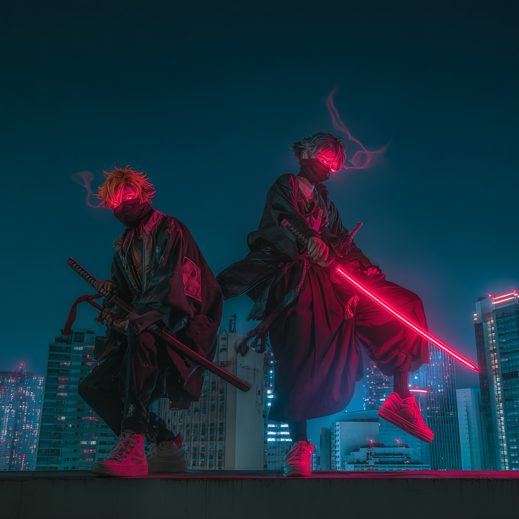 Anime warriors inspired by Bleach posing on rooftops in a ghostly night city, with glowing swords and energy effects, evoking Ichigo’s spiritual power