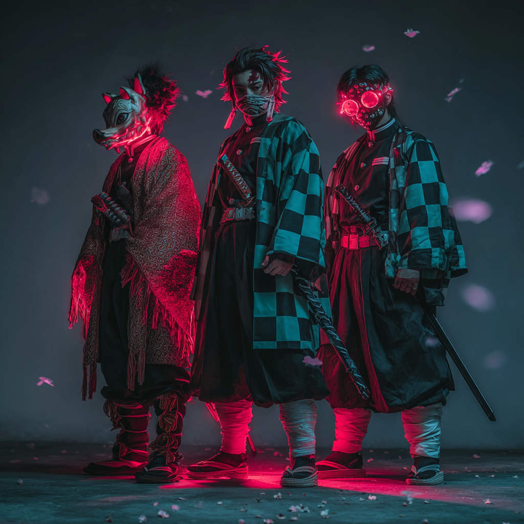 Three anime warriors inspired by Demon Slayer standing in front of a glowing background with sakura petals, evoking the spirit of Rengoku, Tanjiro, and Inosuke