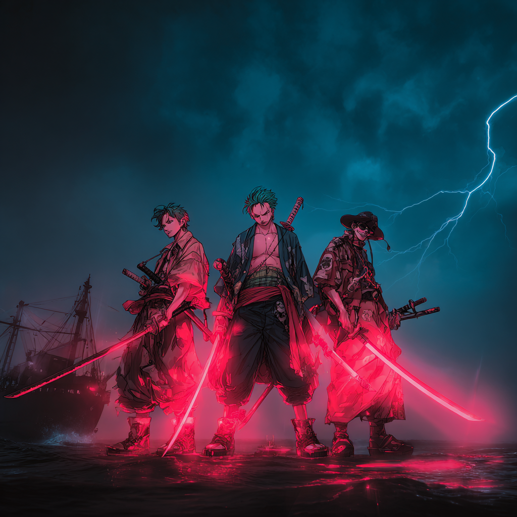Anime-style pirates inspired by One Piece standing on a ship deck with swords, stormy sky and ocean in the background, featuring a Zoro-like character