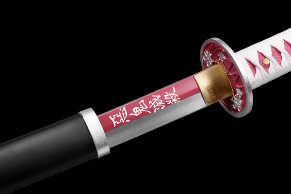 Kanao Tsuyuri Demon Slayer katana replica — pink blade with kanji, cherry blossom tsuba, white handle