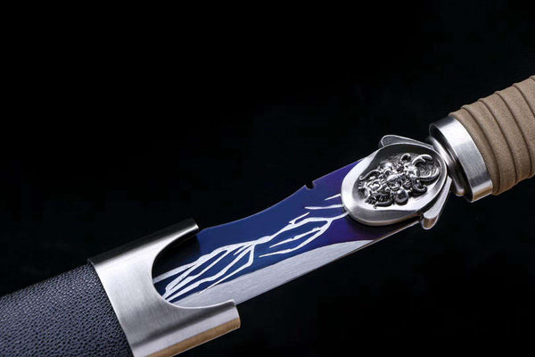 Dragon Breath katana replica habaki area — blue T10 steel blade with lightning etchings, silver round collar, tan handle
