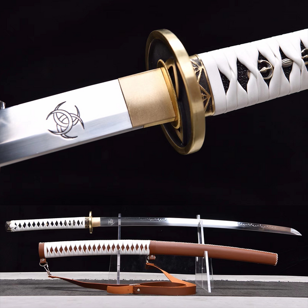 Michonne premium Walking Dead katana replica — T10 blade with crescent engraving, gold tsuba, white cotton wrap over rayskin