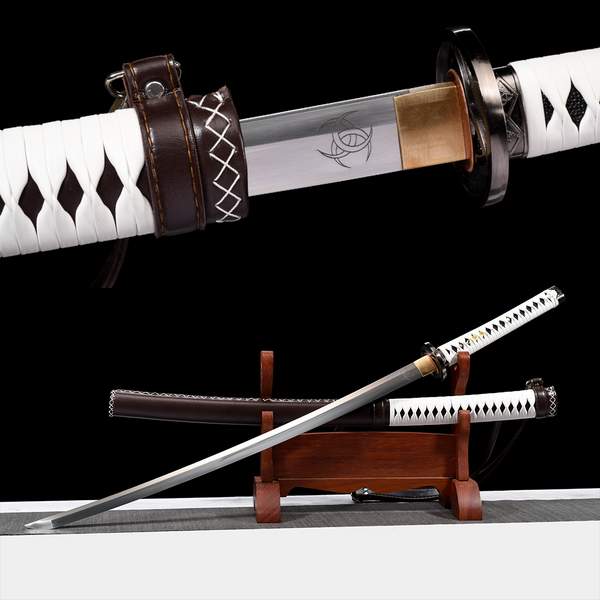 Michonne Walking Dead katana replica — steel blade with tomoe engraving, white handle with brown wrap, brown saya on stand