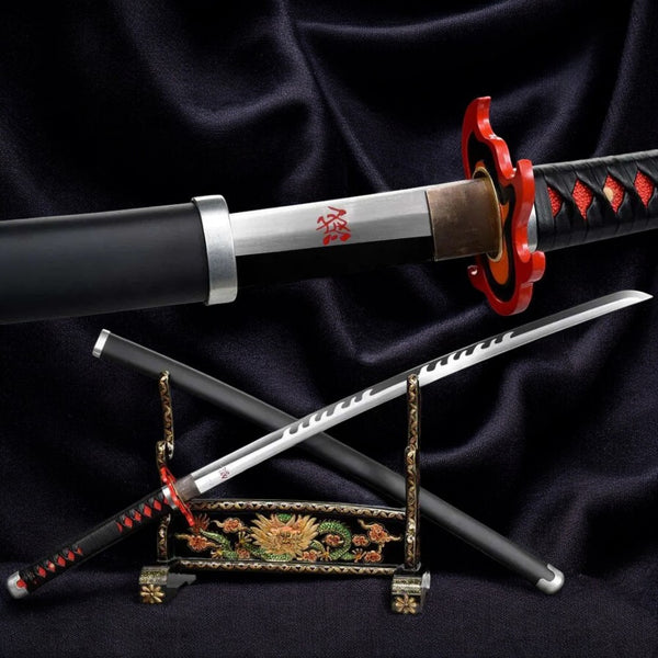 Tanjiro V2 Demon Slayer katana replica — polished steel blade, black flame tsuba, black saya with black fittings on dragon stand