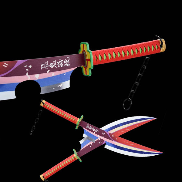 Tengen Uzui Sound Hashira dual cleaver replica — colorful forked blades, green-green tsuba, red ito wrap, black chain