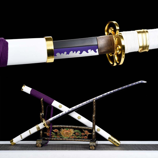 Amenohabakiri Kozuki Oden replica — purple-tinted 1060 steel blade w/ white wave hamon, white ito handle, purple cord on saya, gold-finished iron tsuba, dragon stand