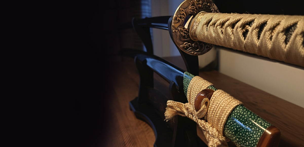 Hand-forged katana and wakizashi on a display stand - build your own custom katana in Canada