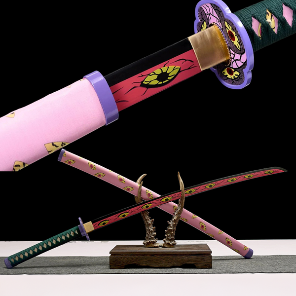 Kokushibo katana replica — red blade with yellow-iris demonic eyes, lavender tsuba, purple pink cotton ito, pink saya