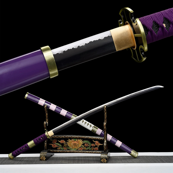 Nidai Kitetsu katana replica composite — brass tsuba close-up, full sword on dragon stand, carbon steel blade
