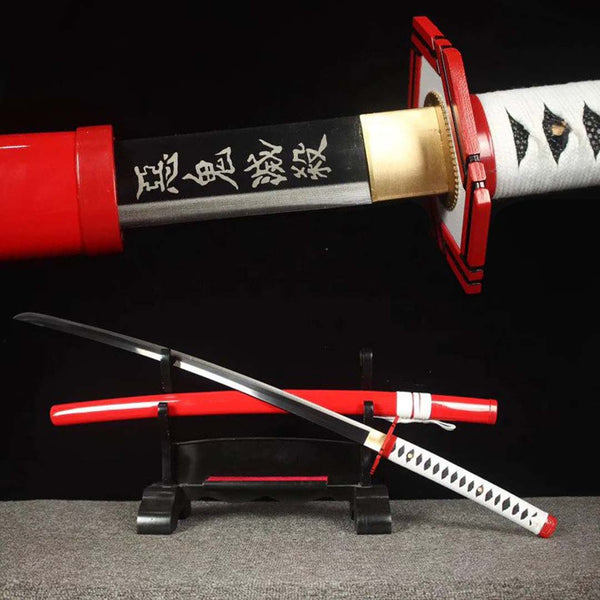 Giyu Tomioka katana replica — dark blade with silver kanji, red rectangular tsuba, red saya on stand