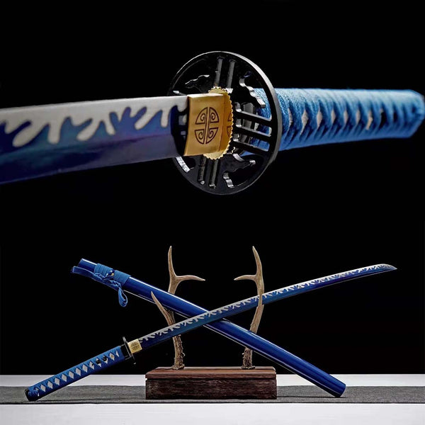 Hekinan katana replica — blue 1060 carbon steel blade with white hamon, iron tsuba, blue saya on antler stand