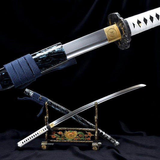 Full view of the Jin Sakai Katana with black scabbard