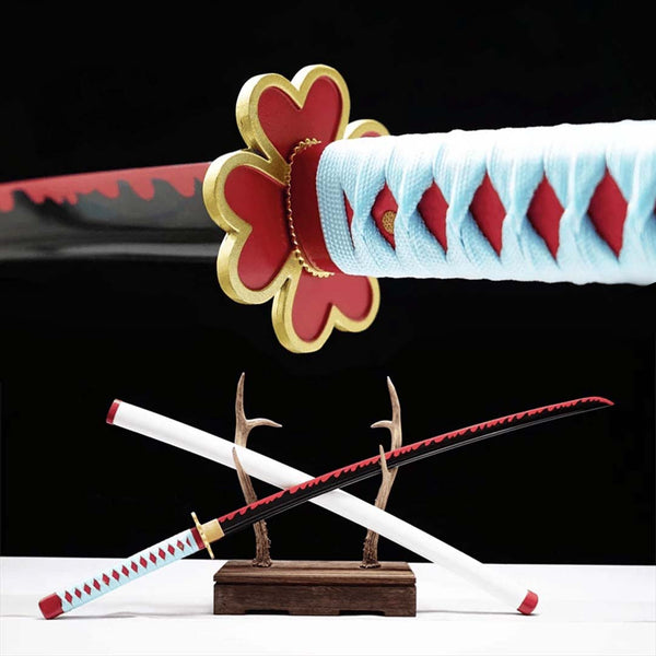 Mitsuri Kanroji Love Hashira Demon Slayer katana replica — black blade with red pattern, heart tsuba, white saya