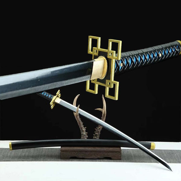 Muichiro Tokito Mist Hashira Demon Slayer katana replica — dark blade, brass geometric tsuba, black saya on stand