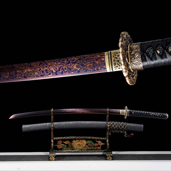 Multiverse katana replica — blue-purple Damascus blade on ornate dragon stand, black handle, gold tsuba