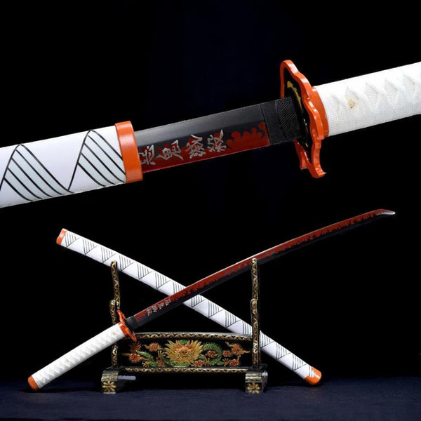 Rengoku Flame Hashira Demon Slayer katana replica — red flame blade, orange tsuba, red saya with diagonal stripes, on stand