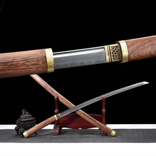 Rong Wu katana replica — 1060 carbon steel blade with wood handle, wooden saya, brass fittings on dark red stand