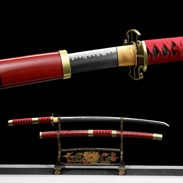 Sandai Kitetsu One Piece katana replica — gold brass tsuba and habaki detail with red saya, full sword on ornate dragon stand