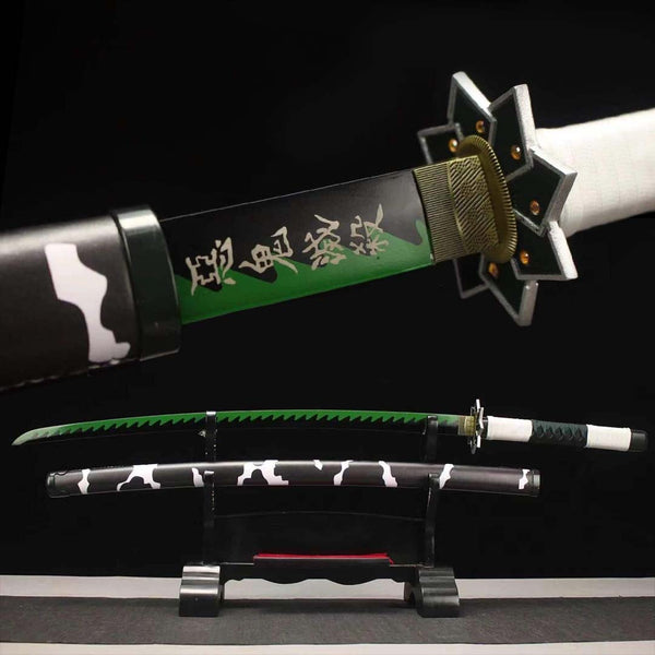 Sanemi Wind Hashira Demon Slayer katana replica — black and green blade, star tsuba, black and gold cow-print saya with green fittings on stand