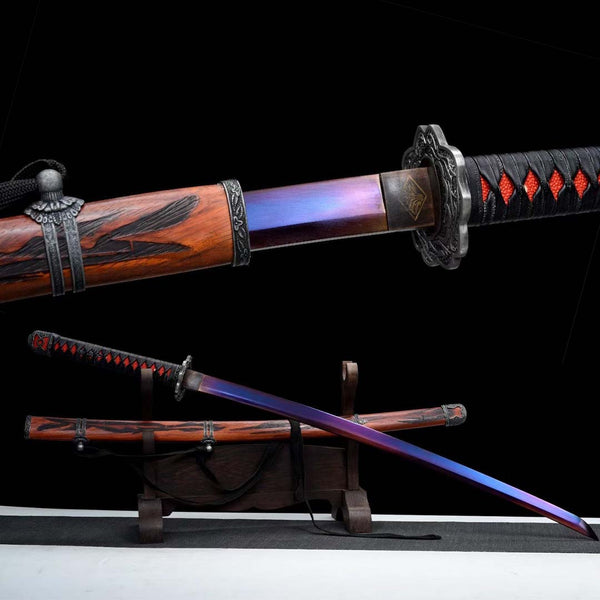 Sekiro Wolf katana replica — purple steel blade, ornate dark iron tsuba, darkdish-dark streaked wood saya on stand