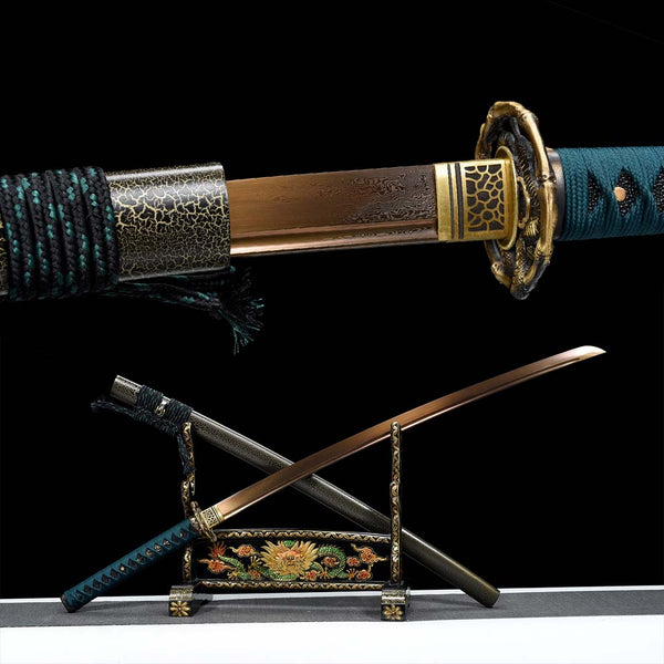 Spring katana — Grilled Gold Damascus folded steel blade, iron dragon tsuba with gold accents, teal cotton ito wrap over synthetic rayskin, crackle saya on stand