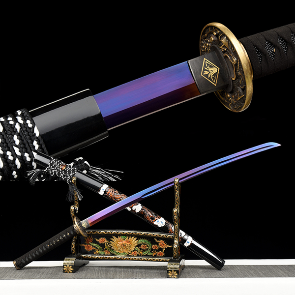 Owase katana replica — iridescent purple steel blade, brass dragon tsuba, black lacquer saya on dragon stand