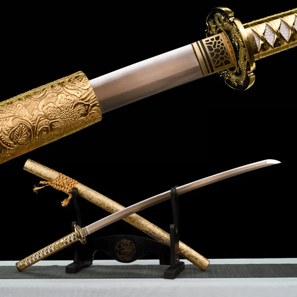 Mino katana replica — carbon steel blade, gold dragon tsuba, gold handle with gold diamond wrap, gold engraved saya on black stand