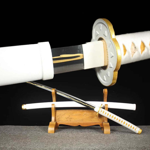 Zenitsu Demon Slayer katana replica — dark blade with gold lightning, white tsuba with gold rim, white saya on stand